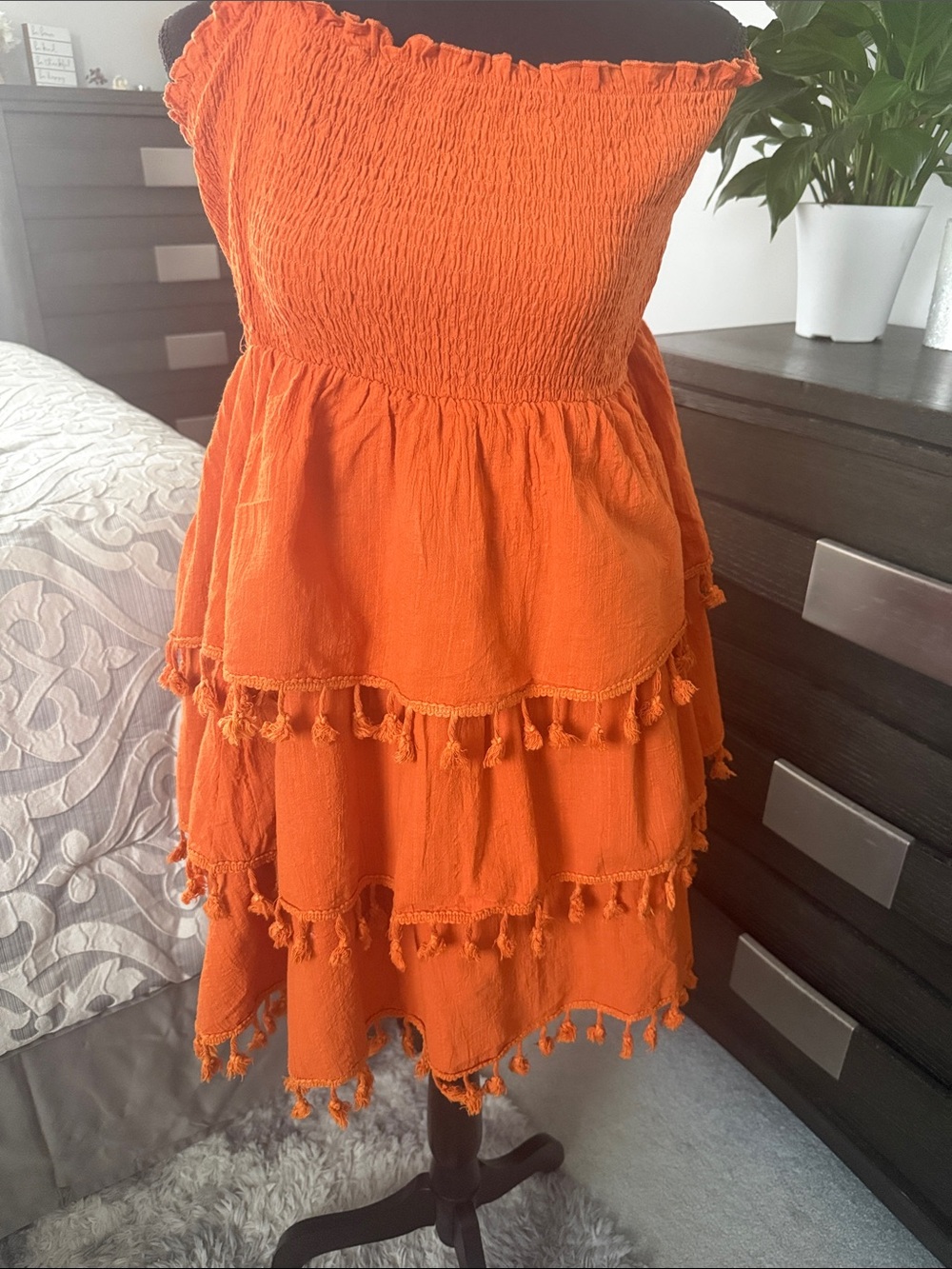Strapless Tiered Tassel Dress in Orange